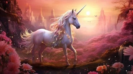 Muurstickers Realistic magical, mythical winged pegasus unicorn horse fantasy background. AI generated image © saifur