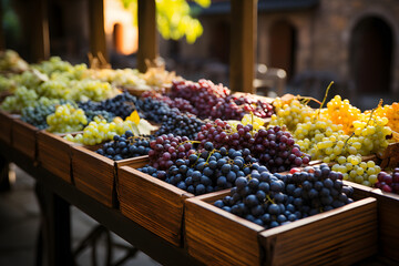 Different varieties of grapes at marketplace stall.