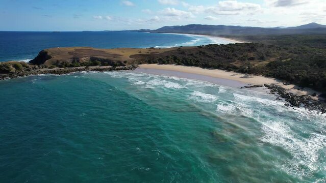 Serene View Of Shelly Beach Near Emerald Beach In New South Wales, Australia. Aerial Pullback Shot