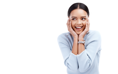 Surprise news, celebration or woman excited, cheers or happy for discount deal, sales announcement or competition win. Advertising, winner or shocked person isolated on transparent, png background