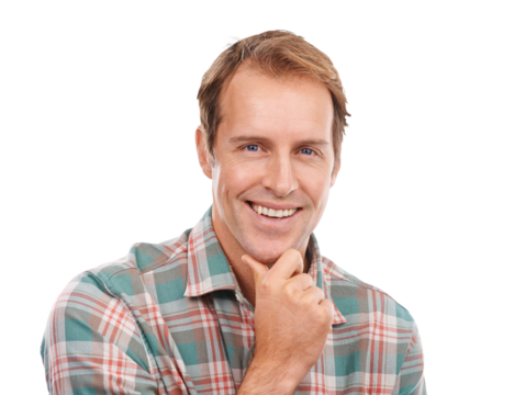 Thinking, portrait or happy man with solution, vision or confidence isolated on transparent png background. Remember, memory or face of person with positive mindset, smile or fashion style ideas