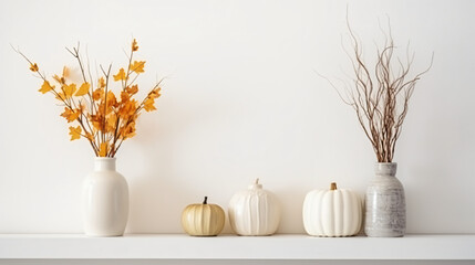 Autumn decor on a white shelf against a white wall