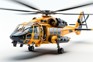 Fototapeta premium Toy military helicopter in flight, symbolizing the power of aviation with simplicity and elegance, on isolated on white background, Generative AI