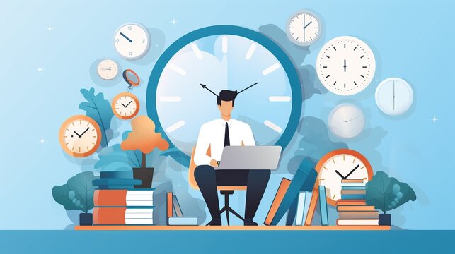 Rendering flat clock with businessman work using laptop. AI generated image