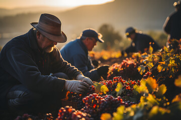 Vineyard workers hand picking grapes in the early morning light.