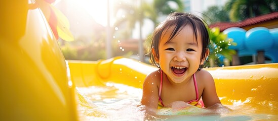 Happy Asian baby girl laughing and playing in the resort pool with her family - obrazy, fototapety, plakaty