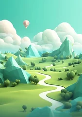 Zelfklevend Fotobehang Cartoon style landscape with grass and clouds Created with generative Ai © Sanuar_husen