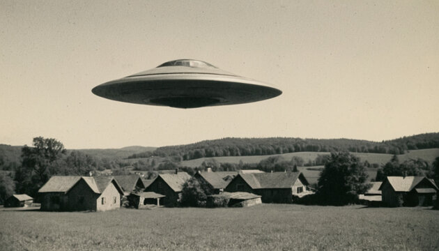 Vintage Spaceship Abduction: a 50s Sci-Fi Fantasy with Glowing Alien Ship and Shocked Male