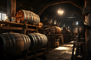 Wine barrels in a rustic cellar.