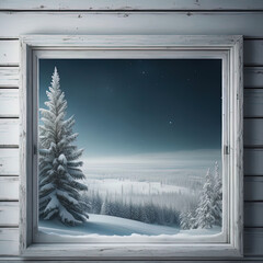 Winter landscape in the window of a wooden house with snow covered trees.