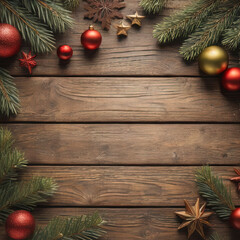Fototapeta na wymiar Christmas background with fir branches and red baubles on wooden board.