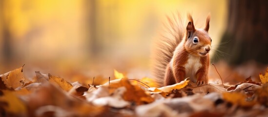European red squirrel sitting in fallen autumn leaves in the city park