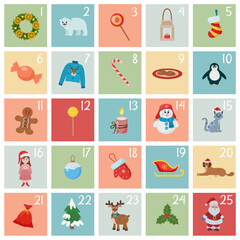 Fototapeta premium Сountdown calendar. Advent calendar. Christmas poster. Cute cards. Vector illustration.