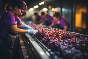 Workers sorting grapes on conveyor belts.