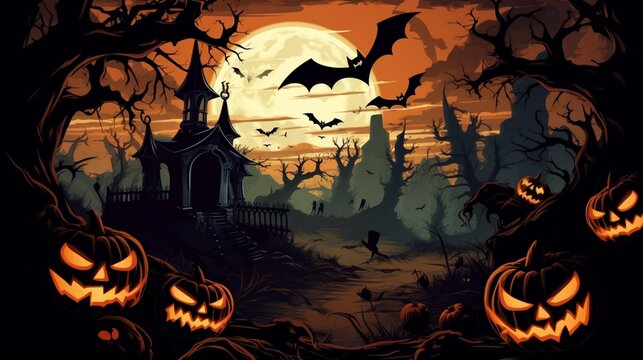 A detailed vector artwork depicting a haunted Halloween night filled with pumpkins and bats against a dark, mysterious backdrop