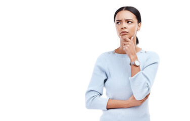 Thinking, confused and face of woman in decision isolated on a transparent PNG background. Female...