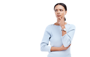 Thinking, confused and face of woman in decision isolated on a transparent PNG background. Female person brainstorming in problem solving, doubt or choice for ideas, question or remember and memory