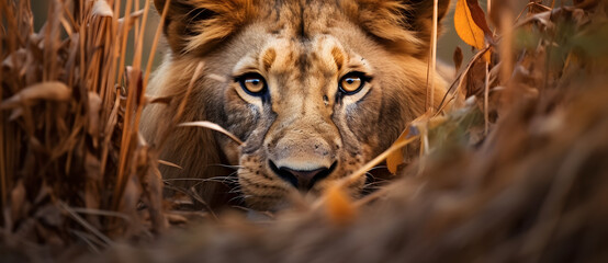 Lion quietly crawling on the golden grass waiting for the opportunity to hunt prey 7