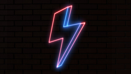 Neon lightning bolt, glowing sign. Blue and purple neon light icon isolated in black background. Lightening neon bolt. Electric thunder 80s style concept