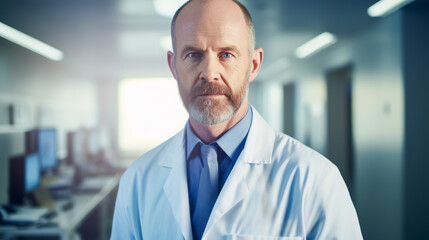 Doctor man standing in hospital background. Concept of healthcare and medical treatment. Ai generative