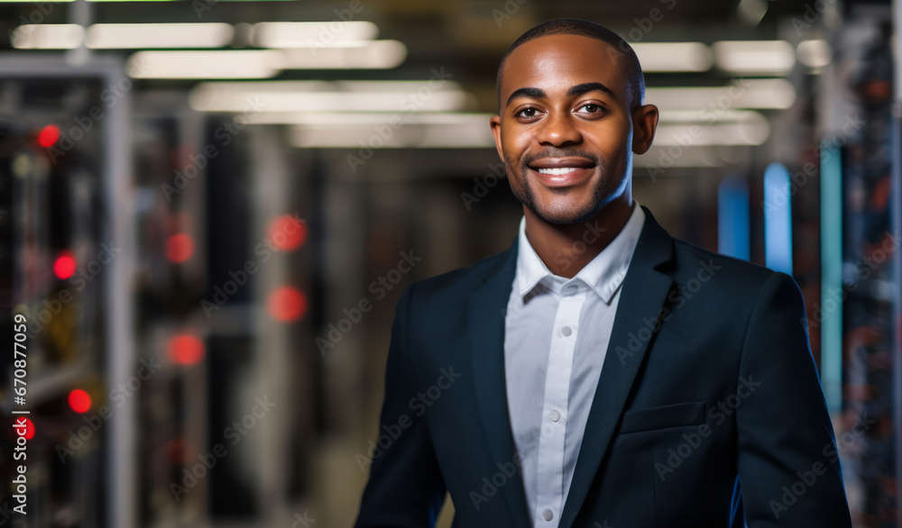 Poster portrait of african american system administrator. data center engineer big datum computer. server r