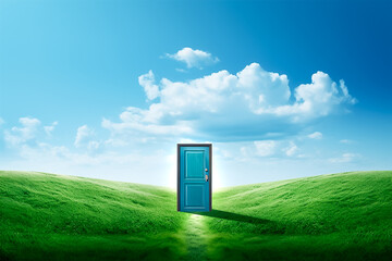 Blue wooden door on the path way with green grass hill, cloudy blue sky background.