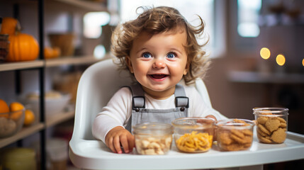 Small happy Boy smile. Child is sitting in kitchen, having meal. Concept of healthy kids food. Ai generative illustration