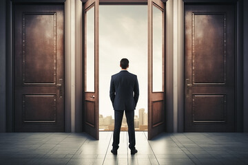 Business man standing infront of one open door, inspiration concept.