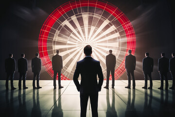 Group of business man looking at big dartboard, goal and strategy concept.