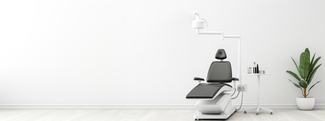 Dental chair in clinic office interior, wall mockup copy space template. Ai generative.