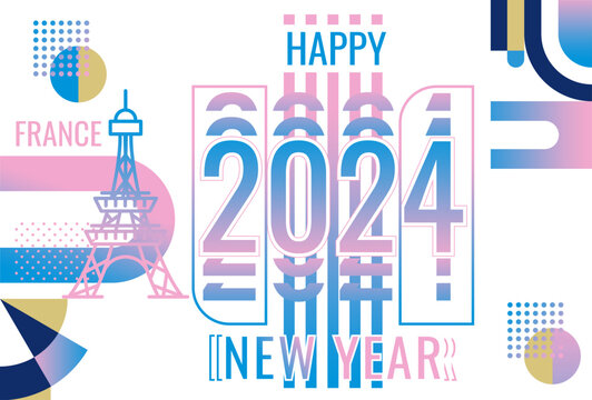 Paris themed HAPPY NEW YEAR 2024 vector banner design. Abstract festive geometric decoration, pink, white, dark blue, turquoise. modern style