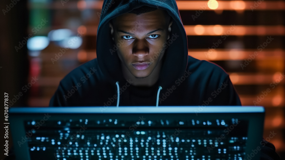 Poster portrait of hacker man in a hoodie. red blurred background. dramatic lighting. concept of data prote