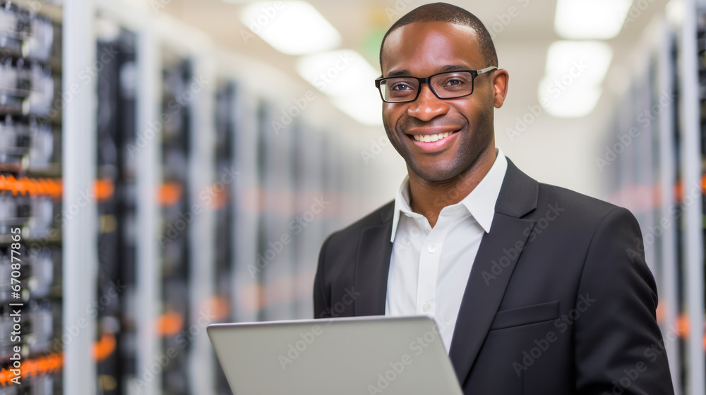 Poster data center engineer with laptop computer. ai generative