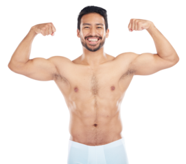 Portrait, happy or strong man flexing arms with fitness in training isolated on transparent png background. Athlete, smile or proud topless bodybuilder with biceps progress or body goal with wellness