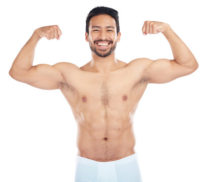Portrait, happy or strong man flexing arms with fitness in training isolated on transparent png background. Athlete, smile or proud topless bodybuilder with biceps progress or body goal with wellness