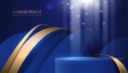 vector illustration abstract blue color luxury presentation podium background element.award backdrop and cosmetic product display and marketing banner, golden curve lines and light rays wallpaper.