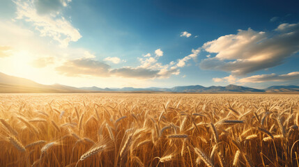 Wide angle view of golden ripe wheat field - obrazy, fototapety, plakaty