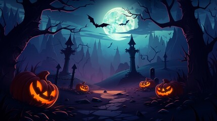 An eerie Halloween-themed vector scene with a moonlit sky, flying bats, and illuminated pumpkins casting an eerie glow