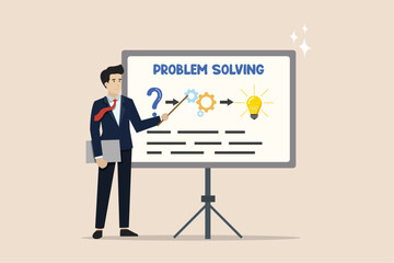 Problem solving skills, ideas to solve problems, businessman presenting problem solving procedures on whiteboard.