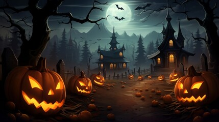 Fototapeta na wymiar An intricately designed vector scene of a Halloween night, featuring glowing pumpkins and a sky filled with bats, all