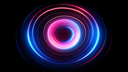 Abstract circle line pattern spin blue pink light isolated on black background in the concept of music, technology, digital. Generative AI.