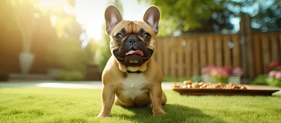 Papier Peint photo Jardin French bulldog patiently waits for snack on grass in garden