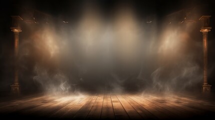 Empty and mist-filled dark stage backdrop with fog and warm brown spotlights. Showcasing artistic works and products.