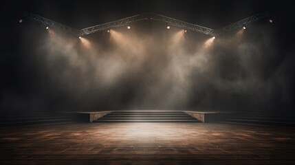 Empty and mist-filled dark stage backdrop with fog and warm brown spotlights. Showcasing artistic works and products.