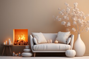 Cozy fireplace, inspiring warmth and togetherness during the holiday season in a minimalist design, on isolated on pastel background, Generative AI