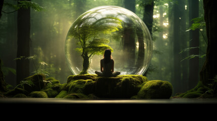Meditation in a glass ball or sphere of consciousness in nature. Mental health concept - obrazy, fototapety, plakaty
