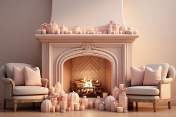 Cozy fireplace, inspiring warmth and togetherness during the holiday season in a minimalist design, on isolated on pastel background, Generative AI