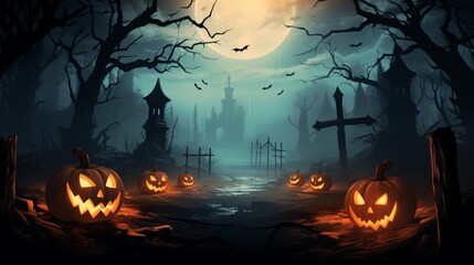 A chilling vector composition that sets the mood for Halloween night, with pumpkins and bats creating an eerie scene - obrazy, fototapety, plakaty