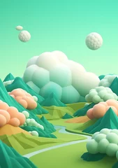 Fotobehang Cartoon style landscape with grass and clouds Created with generative Ai © Sanuar_husen