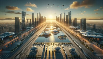 As the sun rises over the futuristic metropolis, the modern cityscape is illuminated by a digital sky of swirling clouds, casting a surreal glow on the towering skyscrapers and streets with sleek car - obrazy, fototapety, plakaty